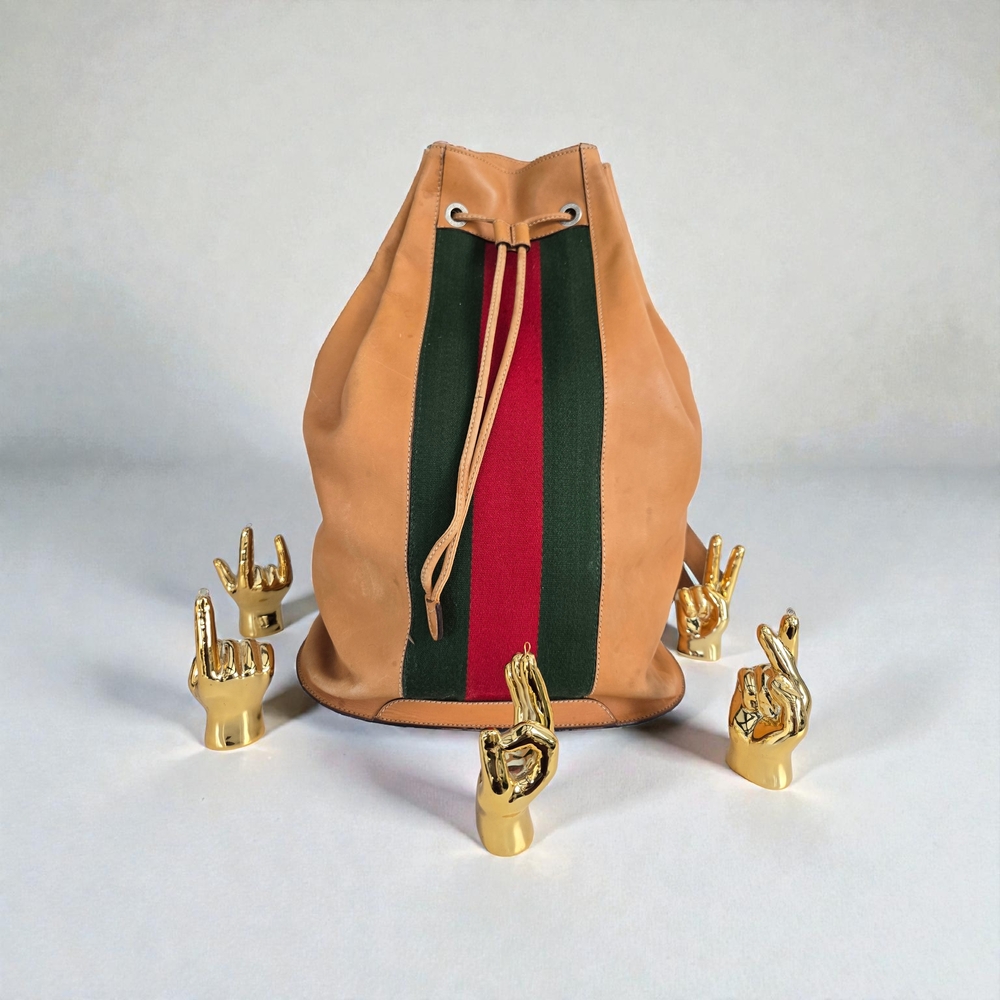 Gucci Tan Backpack with Red and Green Stripes